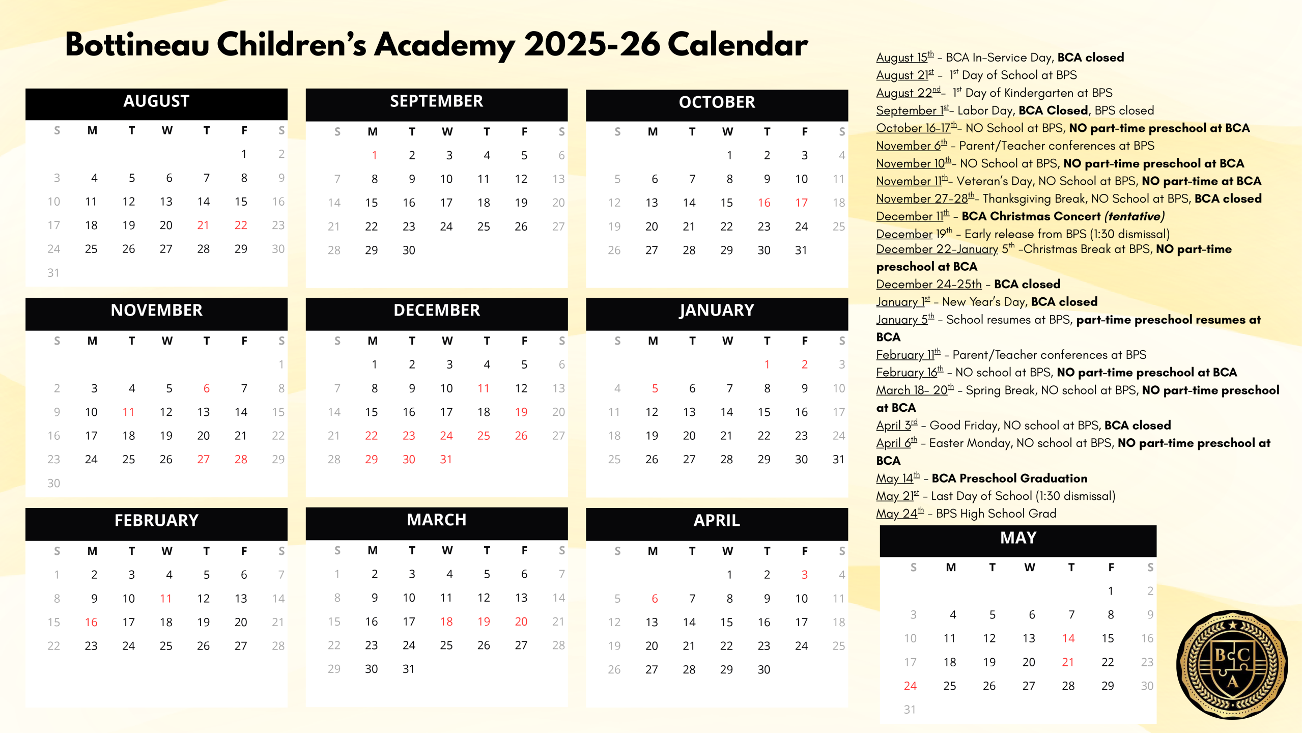 BCA Calendar 2025-26